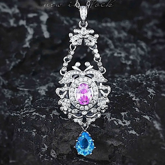 Sterling Silver Pink Blue Cubic Zircon Exquisite Trendy Pendant Necklace - Picture 1 of 5